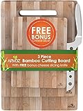 3 Piece Bamboo Cutting Board Set Made From Premium Wood - Thick Germ Resistant Anti-microbial Chopping Board Block - Serving Tray - Bonus Cheese Knife Included - Large Medium & Small Boards - Brown