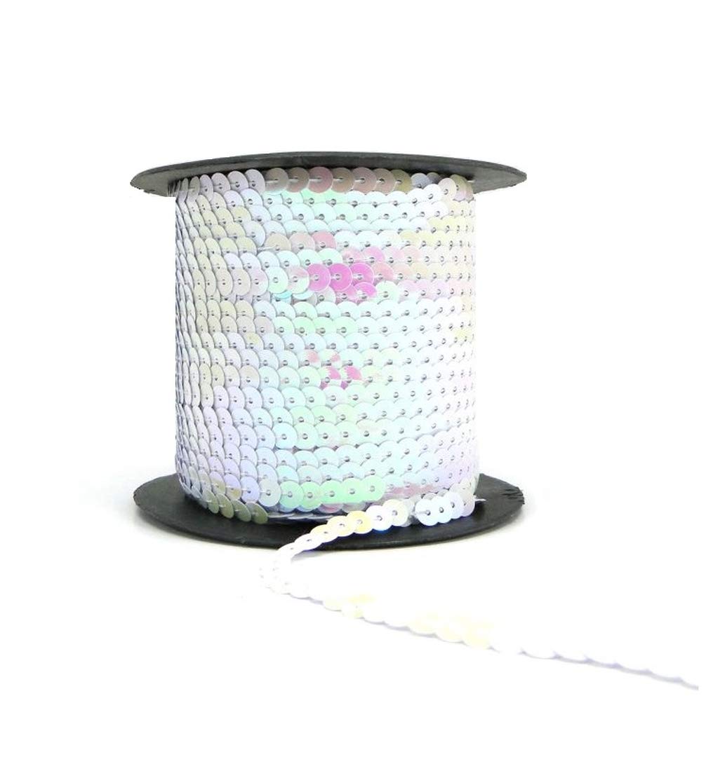 AB White 6mm Metallic Shiny Flat Sequins Paillette Spangle String for Embellishment Sewing Arts Crafts Fancy Dress Decoration (90 Meters)