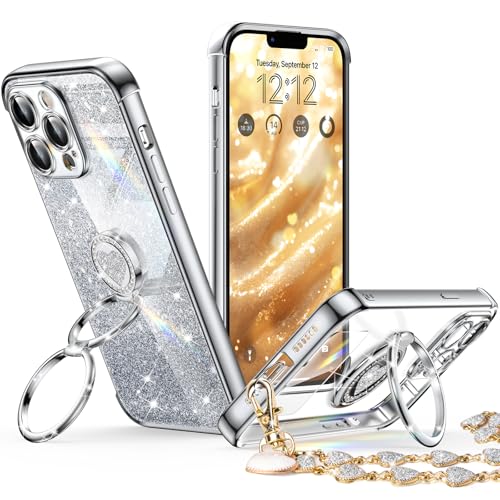 XYZ for iPhone 12 Pro Max Case with Stand, Phone Case with Double Ring Kickstand, Women Girls Bling Luxury Glitter Clear Phone Case Cover Heart for iPhone 12 Pro Max, Silver