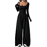 Verdusa Women's Long Sleeve Jumpsuit Ruched Wide Leg One Piece Rompers Comfiest Airport Outfits