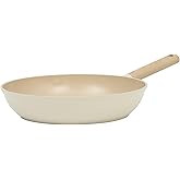 Gibson Elite Folkstone 10 Inch Heavy Duty Cast Aluminum Fry Pan Cookware Non-Toxic Premium Ceramic Non Stick Frying Pan, Kitchen Egg Pan, Omelet Pan, Linen White W/Wood Handle, Induction Safe