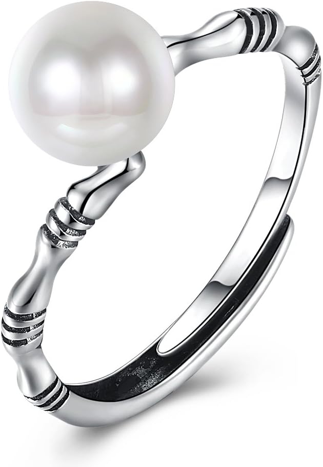 BODYA S925 Bamboo Pearl Woman Ring Sterling Silver Simple Retro Ring