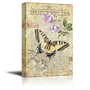 Collage of a Yellow Butterfly Flying Towards Pink and Lavender Flowers Over a Vintage Letter - Canvas Art Home Art - 12x18 inches