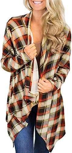 Women's Plaid Printed Draped Irregular Open Front Long Sleeve Cardigans
