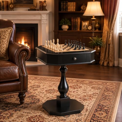 NicBex Wooden Side Table with Chess Board, Black with Turned Pedestal