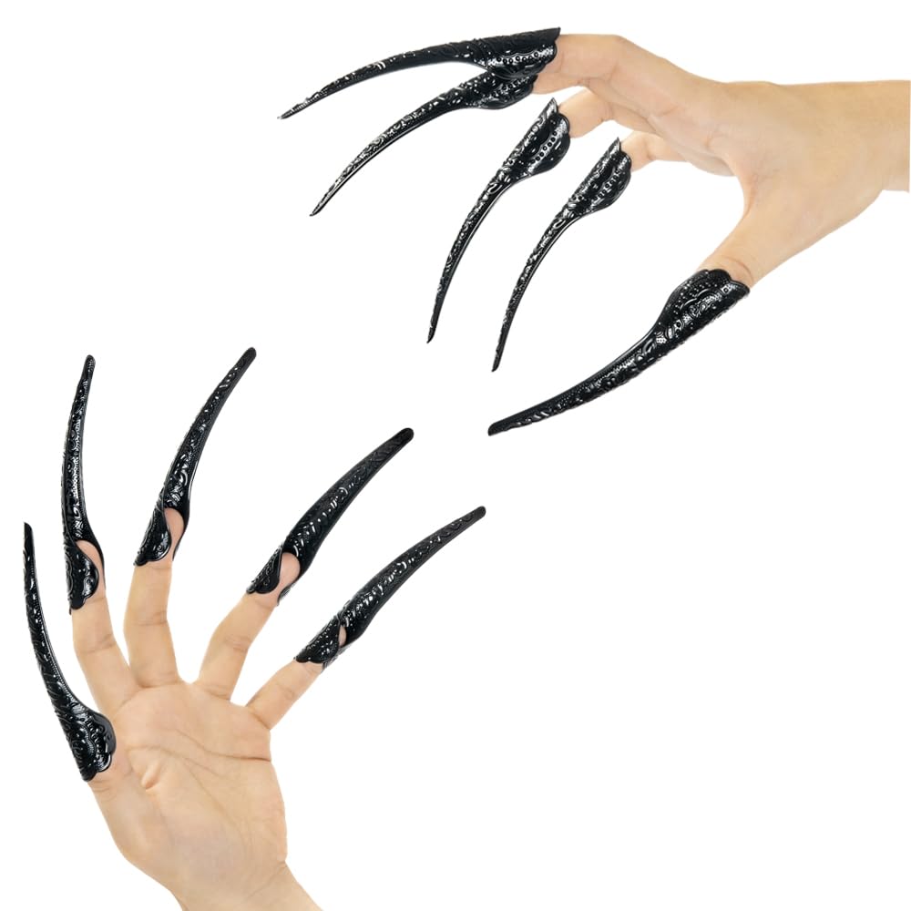 Photo 1 of 10 Pcs Long Finger Claws ,cuff design Adjustable Black Metal nail rings extension,Halloween articulated hands jewelry fingertip, Cool stuff scary vampire demon Cat Cosplay accessories women costume
