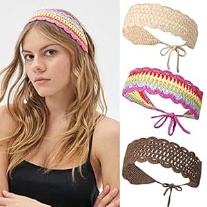Crochet Headband Women Floral Hairband - 3PCS Daisy Floral Elastic Handmade Crochet Head Wrap Bohemian knit Headband for Women and Girls(Rainbow+Beige+Dark Coffee)