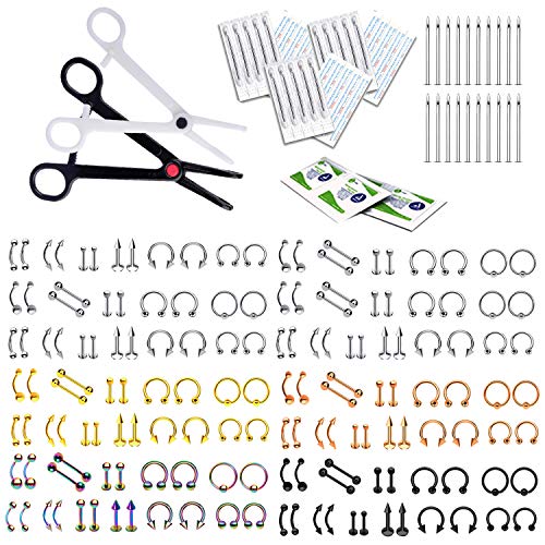 BodyJ4You 200PC Body Piercing Kit Lot 14G 16G Belly Ring Labret Tongue Tragus Barbells Mix Jewelry
