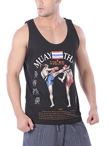 Muay Thai Kick Boxing MMA Mens Black Singlets Tank Tops T-Shirts (XL)