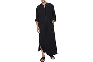 YAOHUOLE Men's Kaftan Thobe Long Sleeve Muslim Robe Button Up Side Split Kaftan Thobe with Pockets