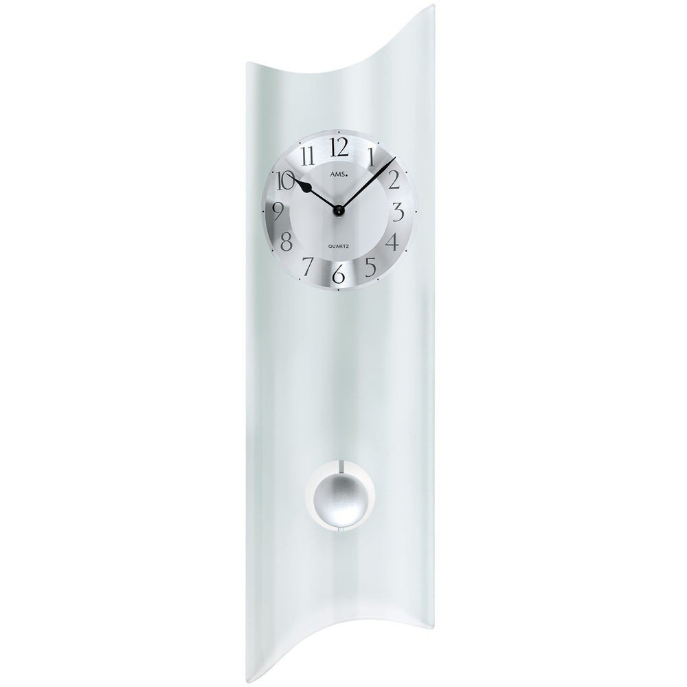 AMS Modern Glass Pendulum Wall Clock with Metal Dial Analogue Display and Quartz Movement, Silver Pendulum