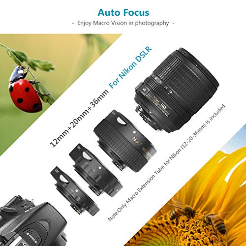 Neewer Ensemble de tubes d’extension 12 mm, 20 mm, 36 mm pour Nikon appareils photo réflex numériques AF mise au point automatique ABS D7200, D7100, D7000, D5300, D5200, D5100, D5000, D3300, D3200, D3000, D40, D40x, D100, D200, D300, D3, D3S, D700, D90