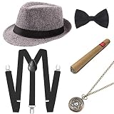 BABEYOND 1920s Mens Gatsby Costume Accessories Set 30s Panama Hat Elastic Y-Back Suspender Pre Tied Bow Tie Pocket Watch and Plastic Cigar (Gray Set
