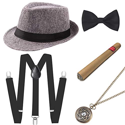 BABEYOND 1920s Mens Gatsby Costume Accessories Set 30s Panama Hat Elastic Y-Back Suspender Pre Tied Bow Tie Pocket Watch and Plastic Cigar (Gray Set