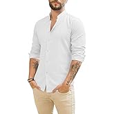 JEKAOYI Casual Linen Cotton Button Down Shirts for Men Long Sleeve Cuban Guayabera Band Collar Vacation Beach Tops