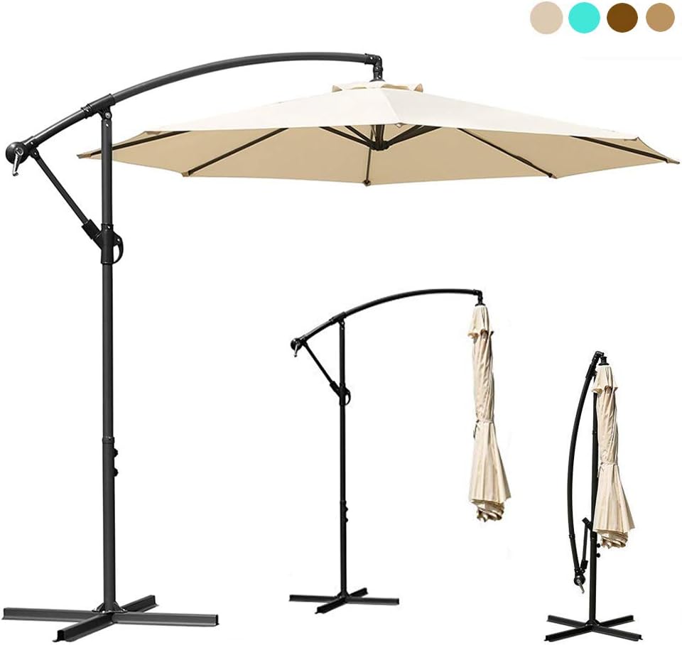 YOHOZ 10ft Deluxe Outdoor Patio Umbrella - Offset Cantilever Sun Umbrella, Hanging Shade Umbrella w/Crank Lift System | Cross Base with Heavy Duty 250g/sqm Polyester PA Coating