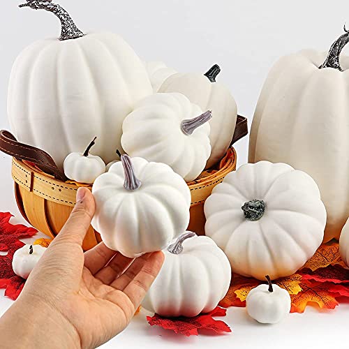 DomeStar Artificial Pumpkins, 14PCS White Fake Pumpkins Assorted Pumpkins Faux Pumpkins Farmhouse Pumpkins for Halloween Thanksgiving Decorations