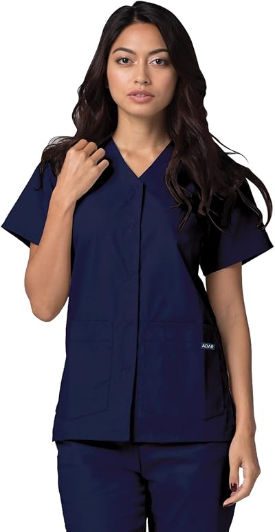 Adar Medical Scrubs Top Women's Snap Front Navy 604 Polyester Cotton S