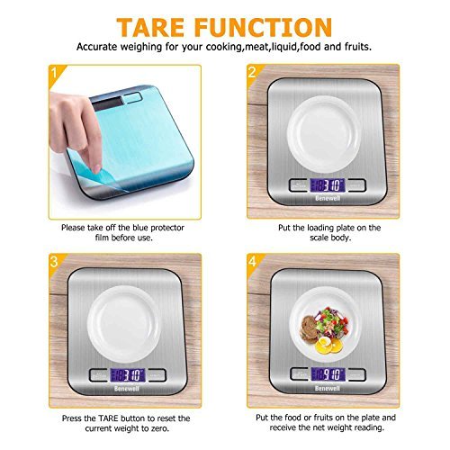 Benewell Digital Food Scale, 1g/0.002lbs to 11lbs Capacity Accurate Weight Measurement Stainless Steel Kitchen Scale for Meat, Gram, Coffee Bean, Fruit, Baking Powder and More (Batteries Included)