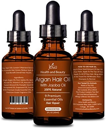 Argan Oil for Hair, UNSCENTED Repair Damaged Hair, Daily Hair Moisturizer, 9 Premium Quality Natural Essential Oils, including Jojoba Oil for Hair. FREE easy to use Dropper.