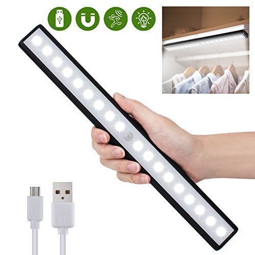 Motion Sensor Light Wireless Cabinet Lights for Closet,Drawer,Cupboard, 18-led Motion Sensing Under Cabinet Lighting,USB Rechargeable Magnetic Stick-on Anywhere LED Light Bar, White Light, Black
