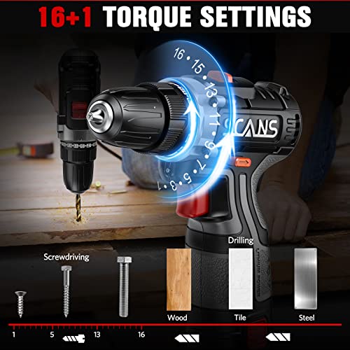 Cordless Drill Driver, 16V Power Drill Driver Kit w/2.0Ah Battery and Charger, 50 PCS Accessories, 2 Variable Speeds, 3/8