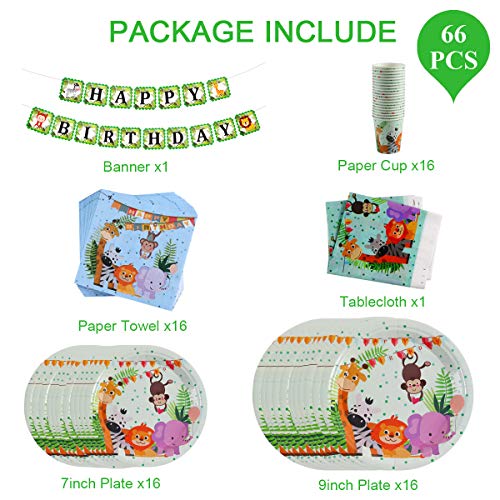 Safari Animal Birthday Party Supplies - Serves 16 - Plates, Napkins, Cups Tableware Kit, One Animal Print Tablecloth, Birthday Banner for Birthday Parties, Jungle Theme Party Supplies by QIFU - Thumbnail 2