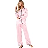 Schbbbta Women Pajamas Set, 2 Piece Satin Silky Pjs Long Sleeve Button-Down Sleepwear Soft Comfy Loungewear