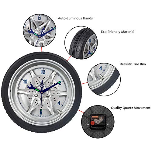 Garage Wall Clocks, Tire Rim Clock with Luminous Wrench, Silent Battery