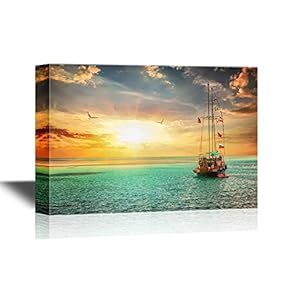 Canvas Wall Art - Beautiful Sunset Over Yacht in The Sea - Gallery Wrap Modern Home Art | Ready to Hang - 12x18 inches