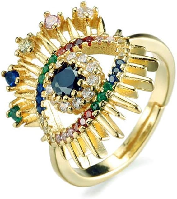 Amazon 女性のためのファッションレインボーカラーczストーン結婚指輪ゴールドカラー邪眼オープンリング調節可能なサイズのパーティージュエリー リング 通販