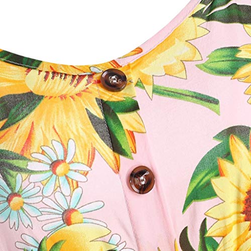 Finedayqi  Woman Dress,Women Sexy Sunflower Printing Pocket Button Off Shoulder Sleeveless Dress Pink - Thumbnail 3