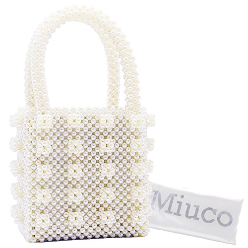 Miuco Womens Beaded Handbags Handmade Weave Crystal Pearl Tote Bags Cream