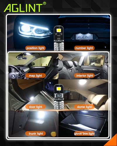 AGLINT T10 LED Bulbs Canbus Error Free 12V White No Polarity Designed W5W 194 501 168 Wedge Car Interior Dome Light Door Side Trunk Ceiling License Plate 10Pcs