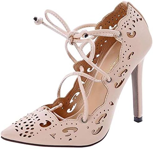 Women's Ankle-Strap Stiletto Lace-up Hollow Court Shoes (Color : Apricot, Size : 7 UK)