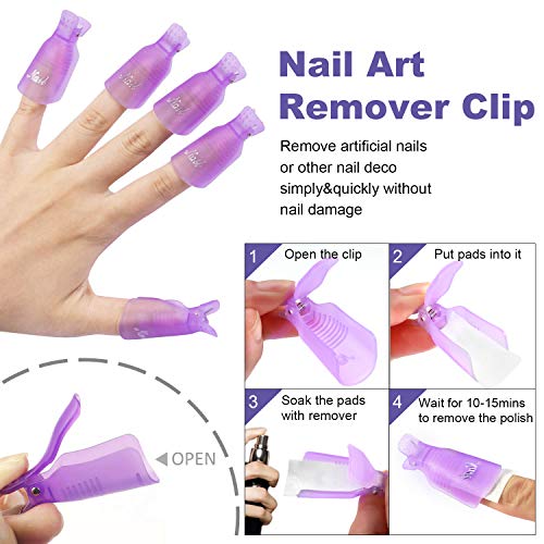 INFILILA Nail Polish Remover Clips Caps Set,10PCS Nail Clips For Polish Removal With Upgrade REAL Lint Free Nail Wipes,Cuticle Pusher,Nail File&Buffer,Clean Brushes,Professinal Nail Polish Remover Kit