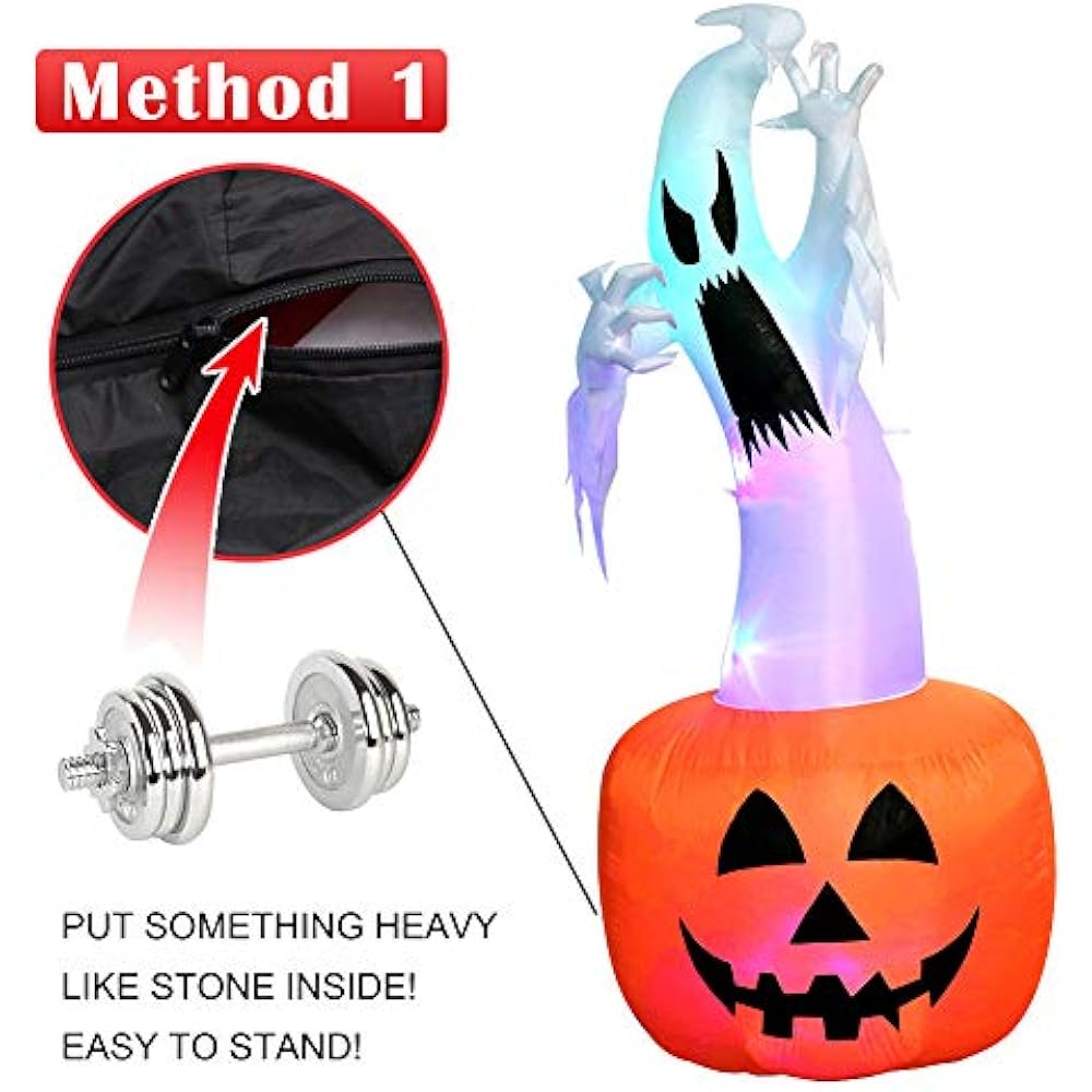OurWarm 6ft Halloween Inflatable Blow Up Ghost On Pumpkin With Color