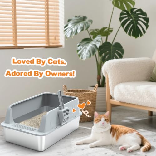 Vivifying Stainless Steel Cat Litter Tray, XL Stainless Steel Cat Litter Box Easy to Clean and Odour-Resistant with Scoop for Cats up to 8.2kg (Light Grey)