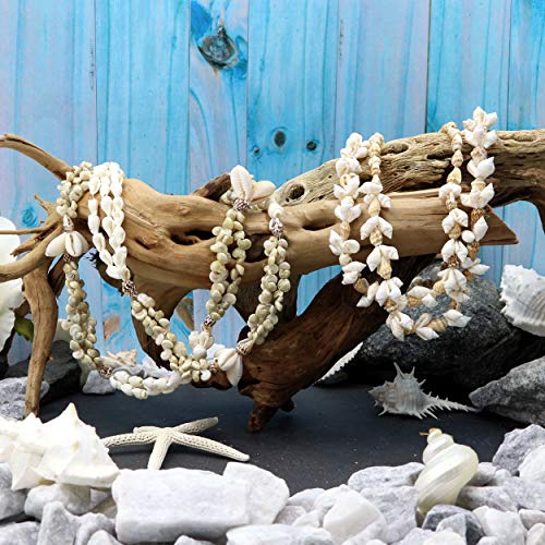 6 Long Seashell Necklaces for Women - Hawaiian Luau Lei Shell Necklaces with Genuine Cowrie Shells, Tiger and Nassa Shells - Luau Party Favors for Adults - Luau Theme Party Supplies
