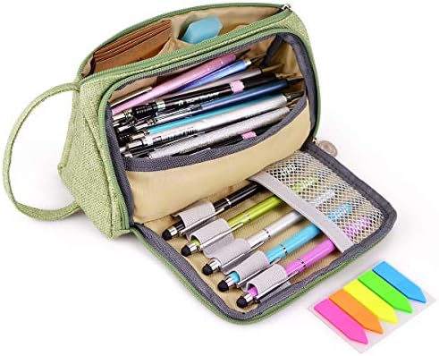 Pencil Case,Big Capacity Pen Case with Double Zippers Durable Cosmetic Zip Pencil Bag Abrzon Large Storage,7.9x4.33x3.54 inches,School & Office Supplies,Free for Sticky Note,Dark Green