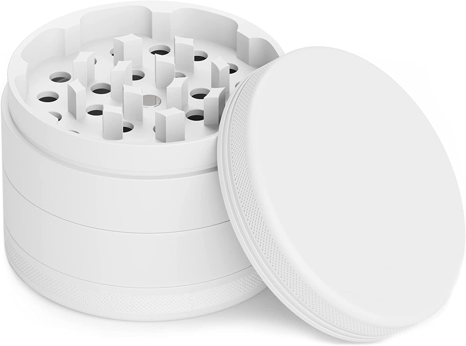 Movaleaf Ceramic Grinder/Crusher, Non-Stick, 4-Piece, Nano Ceramic Coated Herb Mill, Diameter 63 mm, Includes Carry Bag, Pollen Scraper and Brush. (White)