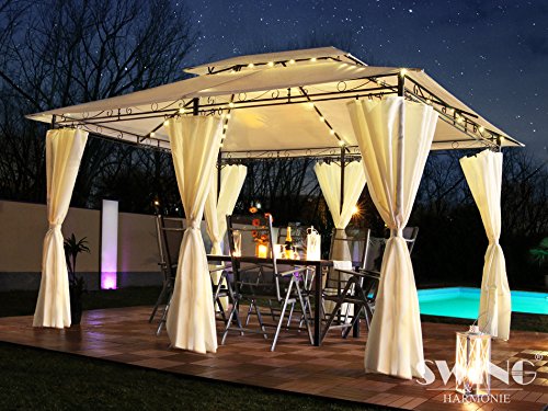 Luxus LED - Pavillon 3x4m Minzo - inkl. Seitenwände mit LED Beleuchtung + Solarmodul Gartenpavillon optional mit Moskitonetz Partyzelt Gartenzelt (mit Moskitonetz, Creme)