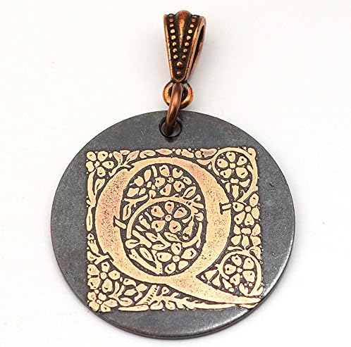 Copper letter Q pendant, round flat initial monogram etching, 25mm