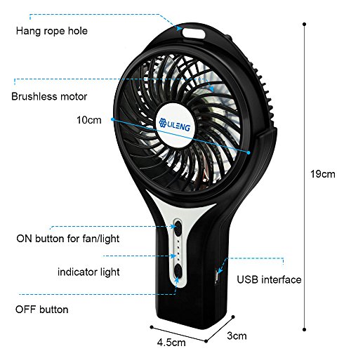 Anpress Mini Personal USB Rechargeable Handheld Fan with 3 Speed Adjustable, 7-Colorful Night Light, Battery/USB Powered, Portable Cool Student Fan for Home Office Outdoor and Travel (Black) - Thumbnail 4