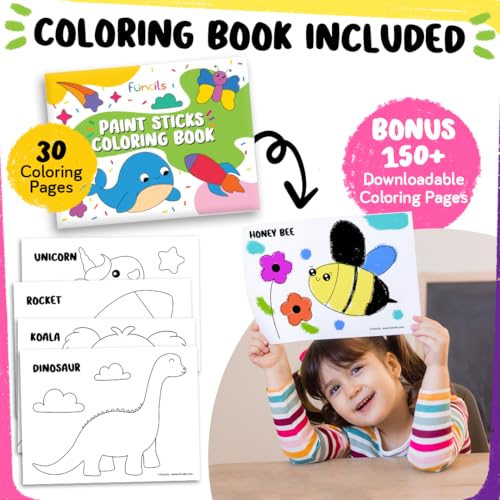 Funcils 24 Tempera Paint Sticks for Kids with Coloring Book - Washable, Non-Toxic Markers for Toddlers | Works on Paper, Canvas, Wood, Cardboard - Art Craft Supplies, Painting Crayons Ages 1 2 3 4 5 6