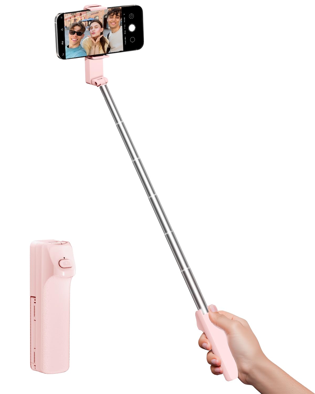 Photo 1 of Selfie Stick for iPhone, Extended Portable Selfie Stick, Wireless Remote, Adujustable, Compact Phone Holder for Photograph, Video Recording, Streaming (Pink)