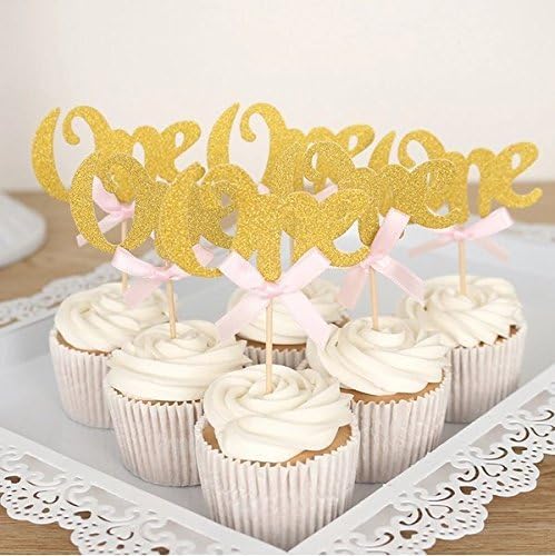 Kakasogo 36 PCS 2017 Newest Wedding Bridal Shower Gold One Glitter Cupcake Cake Fruit Topper Pink Bow Picks for Marriage 1st Year Birthday Baby Born Anniversary Valentines Party Club Decoration Set