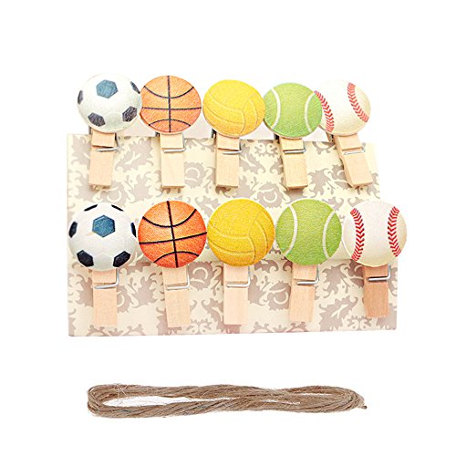Vpang 50 Pcs Mini Natural Wooden Football Basketball Design Clothespins Photo Paper Card Peg Pin Craft Clips with Jute Twine