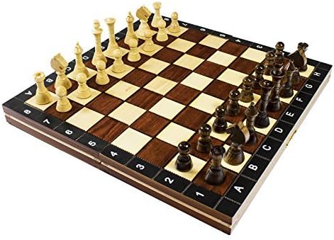 TolsToys Folding Mini Chess Set with Hand-Finished Wooden Game Board and Pieces - Quality Chess Board Lays Flat When Open on Tabletop or Floor; Stacking Sides Lock Together for Travel and Easy Storage