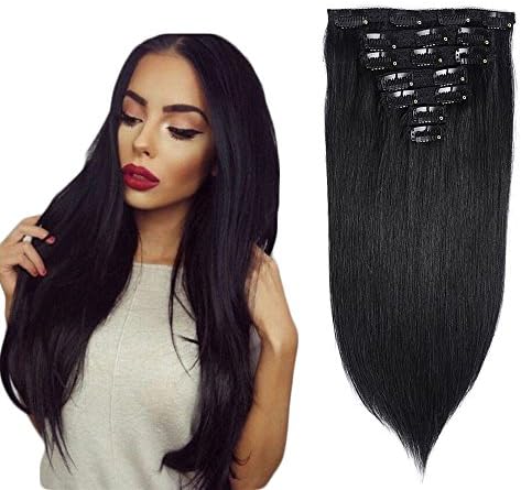 20" Remy Human Hair Clip in Extensions for Women Jet Black 7 Pieces 70 grams 2.45 oz Human Hair Extensions (20", Straight Jet Black)